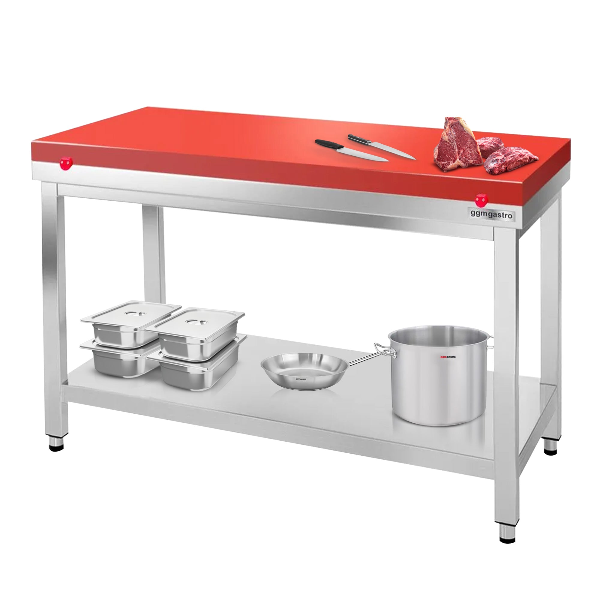 Arbejdsbord i rustfrit stål PREMIUM - 1,4 m - med underhylde - inkl. skæreplade i rød