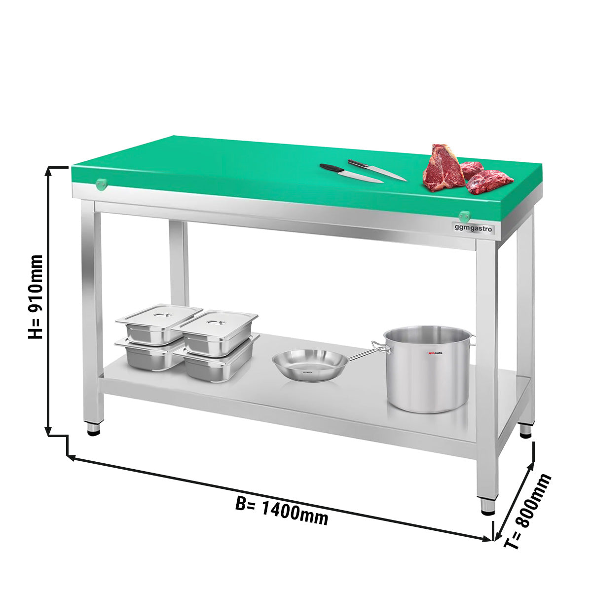 Arbejdsbord i rustfrit stål PREMIUM - 1,4 m - med underhylde - inkl. skæreplade i grøn