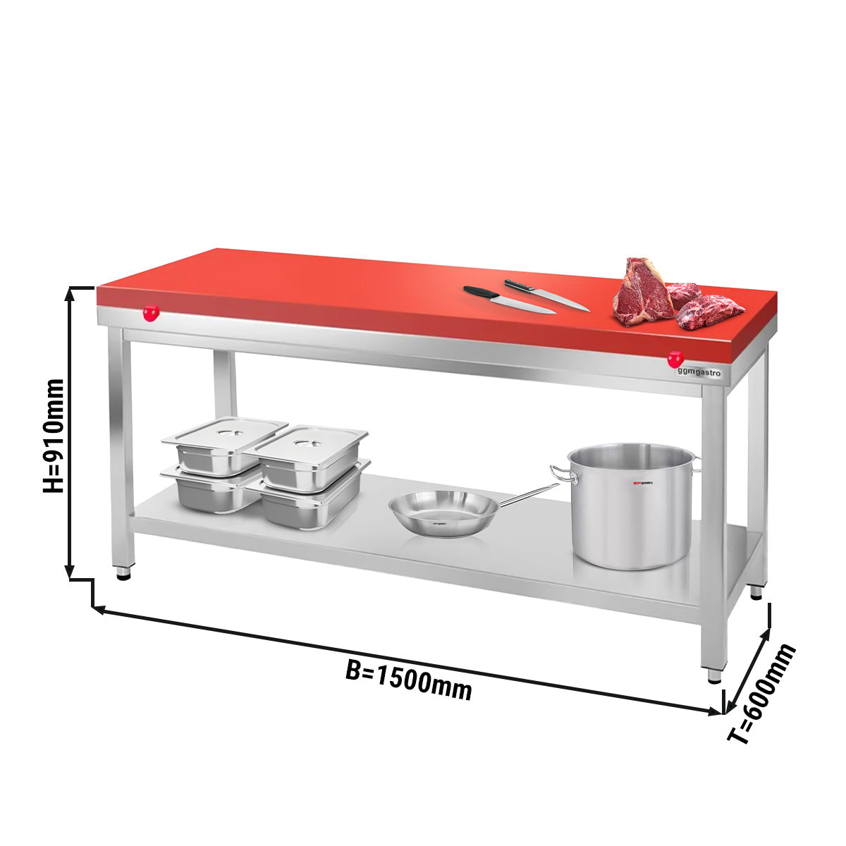 Arbejdsbord i rustfrit stål PREMIUM - 1,5 m - med underhylde - inkl. skæreplade i rød