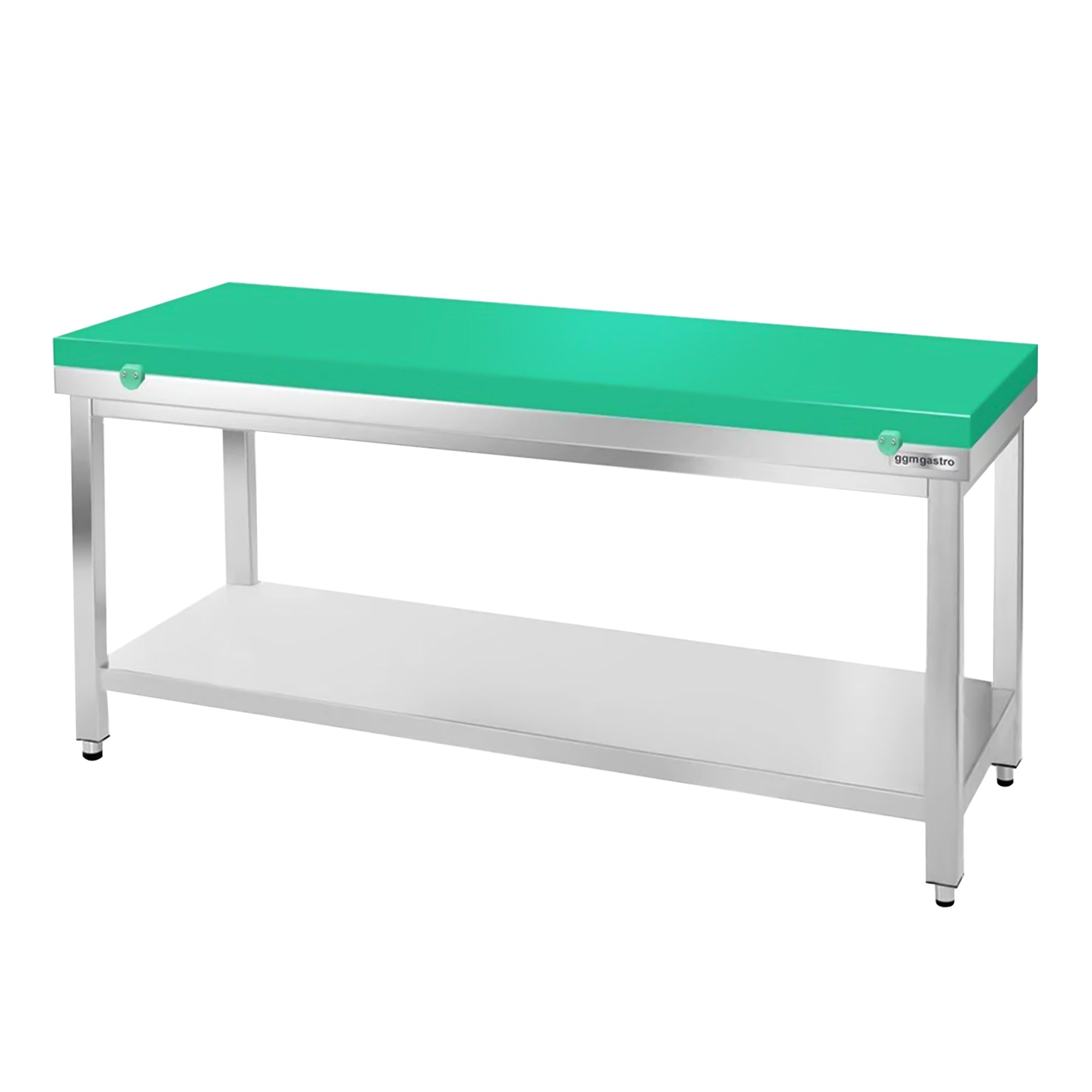 Arbejdsbord i rustfrit stål PREMIUM - 1,6 m - med underhylde - inkl. skæreplade i grøn