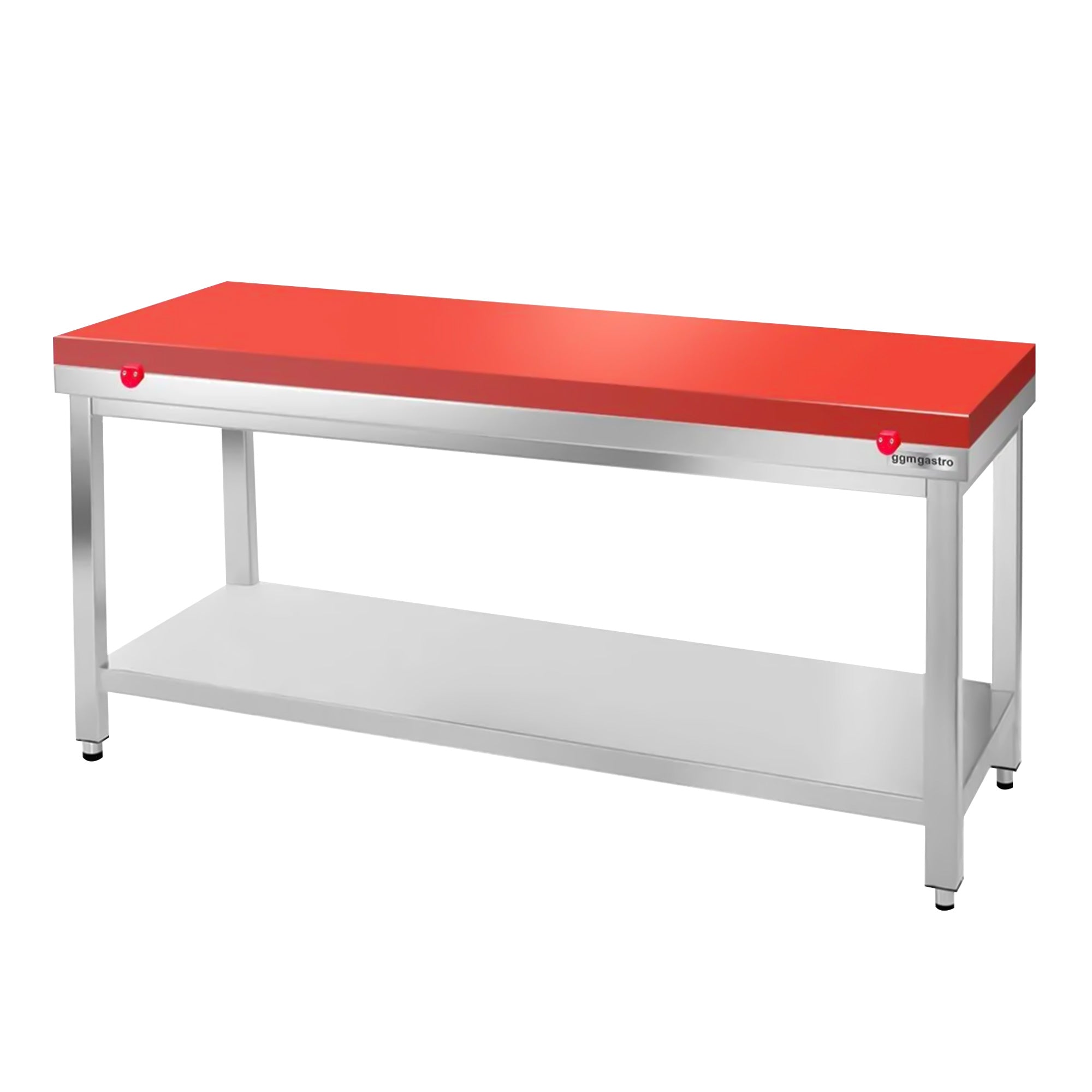 Arbejdsbord i rustfrit stål PREMIUM - 1,8 m - med underhylde - inkl. skæreplade i rød