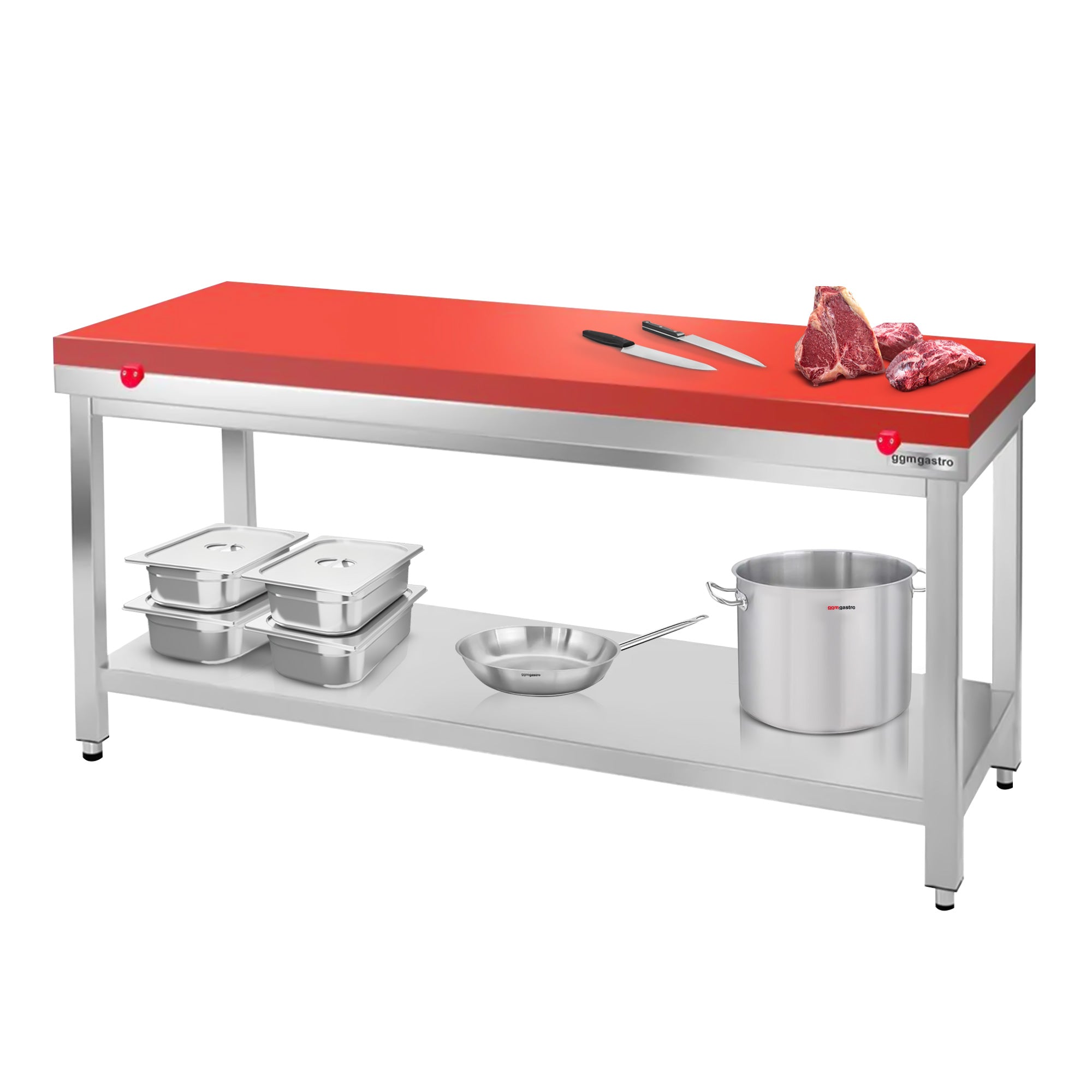 Arbejdsbord i rustfrit stål PREMIUM - 2,0 m - med underhylde - inkl. skæreplade i rød