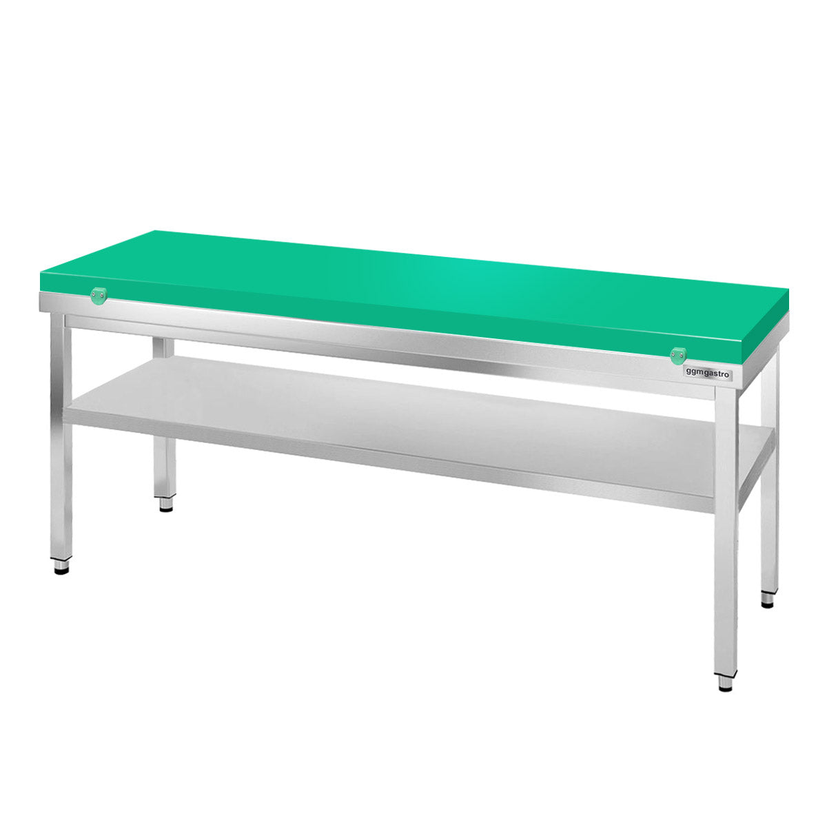 Arbejdsbord i rustfrit stål PREMIUM - 2,0 m - med underhylde - inkl. skærebræt i grønt