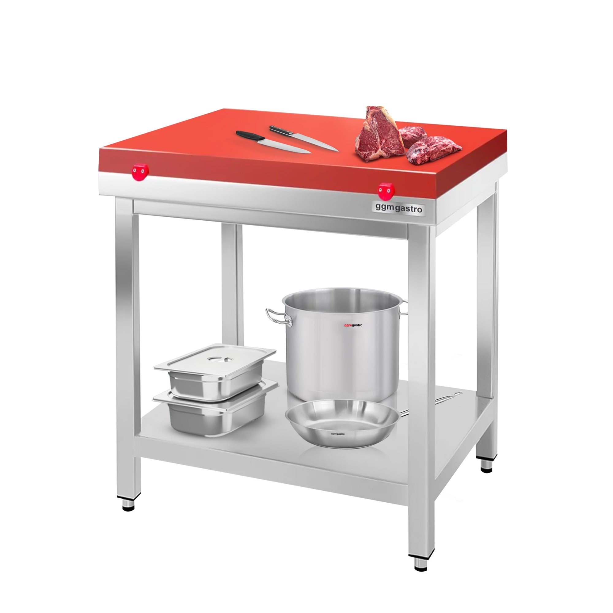 Arbejdsbord i rustfrit stål PREMIUM - 0,6 m - med underhylde - inkl. skæreplade i rød