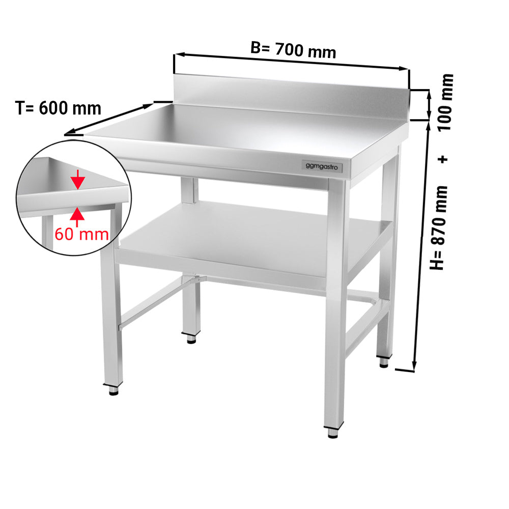 Rustfrit stål arbejdsbord PREMIUM - 0,7 m - med underhylde, afstivning & bagkant