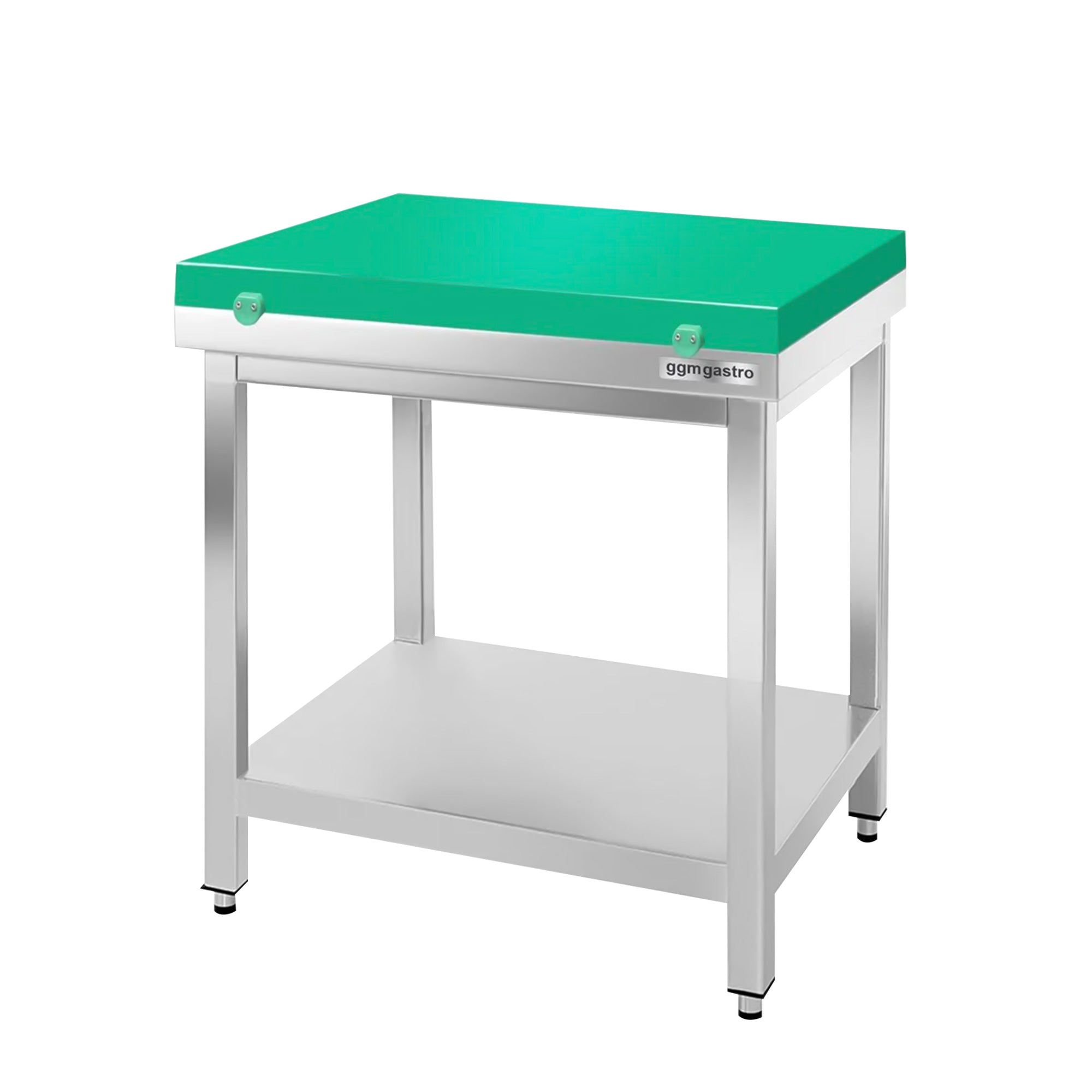 Arbejdsbord i rustfrit stål PREMIUM - 0,7 m - med underhylde - inkl. skæreplade i grøn