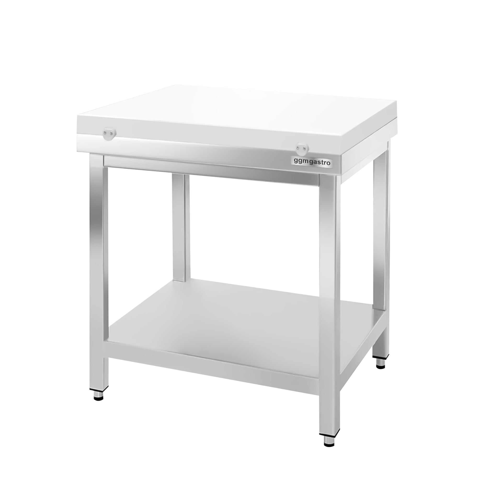 Arbejdsbord i rustfrit stål PREMIUM - 0,8 m - med underhylde - inkl. skæreplade i hvid