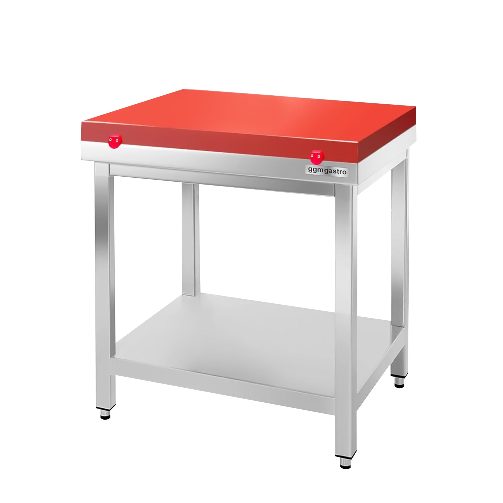 Arbejdsbord i rustfrit stål PREMIUM - 1,0 m - med underhylde - inkl. skæreplade i rød