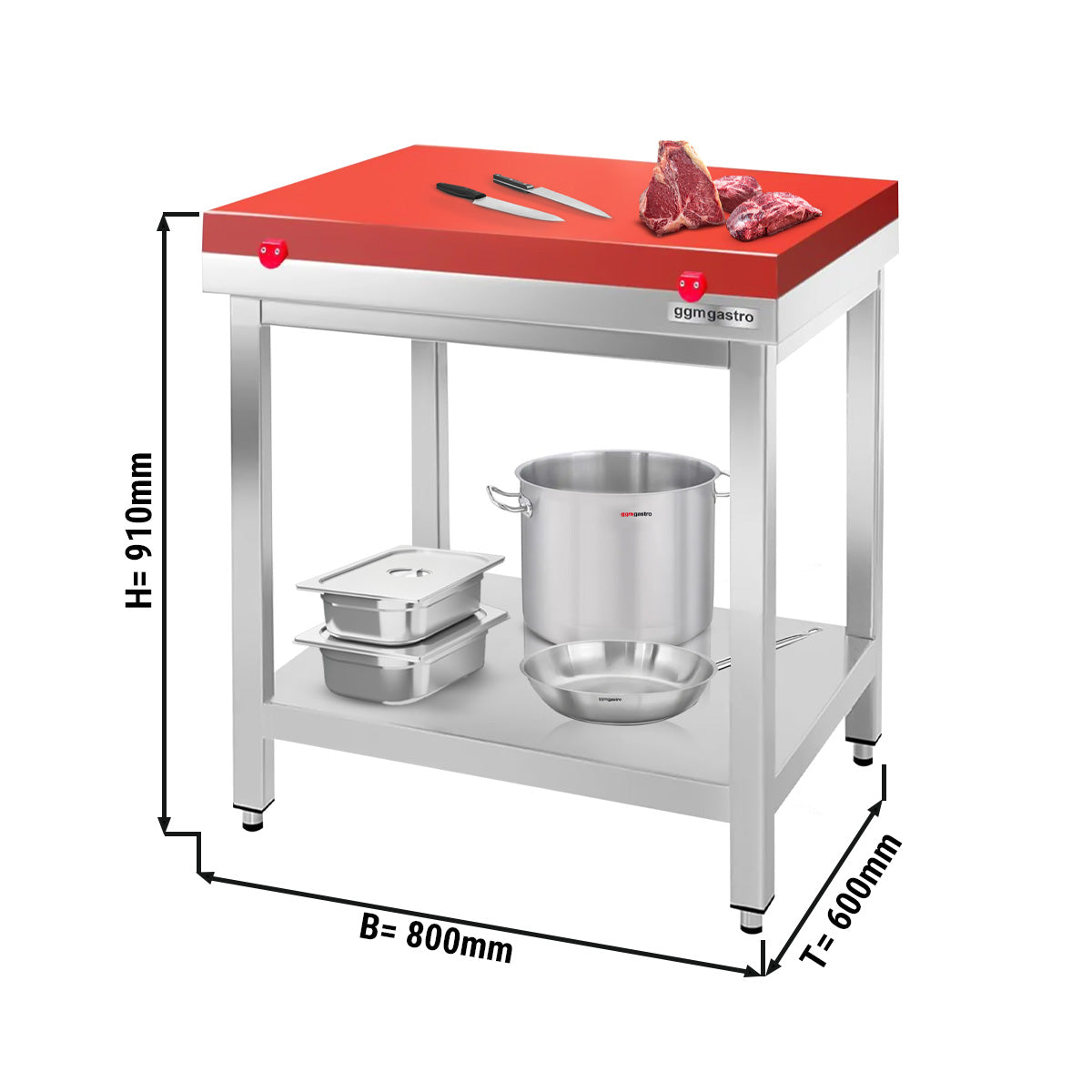 Arbejdsbord i rustfrit stål PREMIUM - 1,0 m - med underhylde - inkl. skæreplade i rød