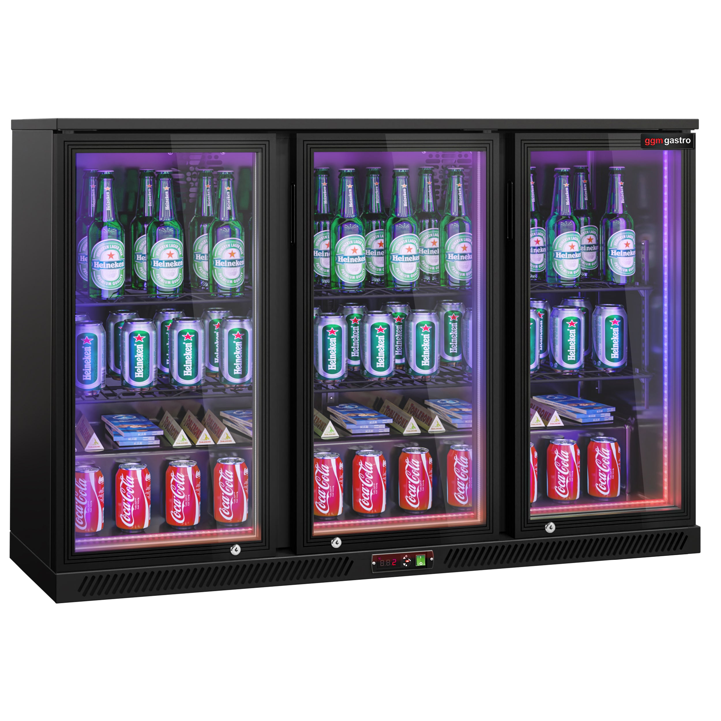 Barkøleskab - 1330 mm - 320 liter - LED-belysning og 3 hængslede døre - udvendigt og indvendigt sort