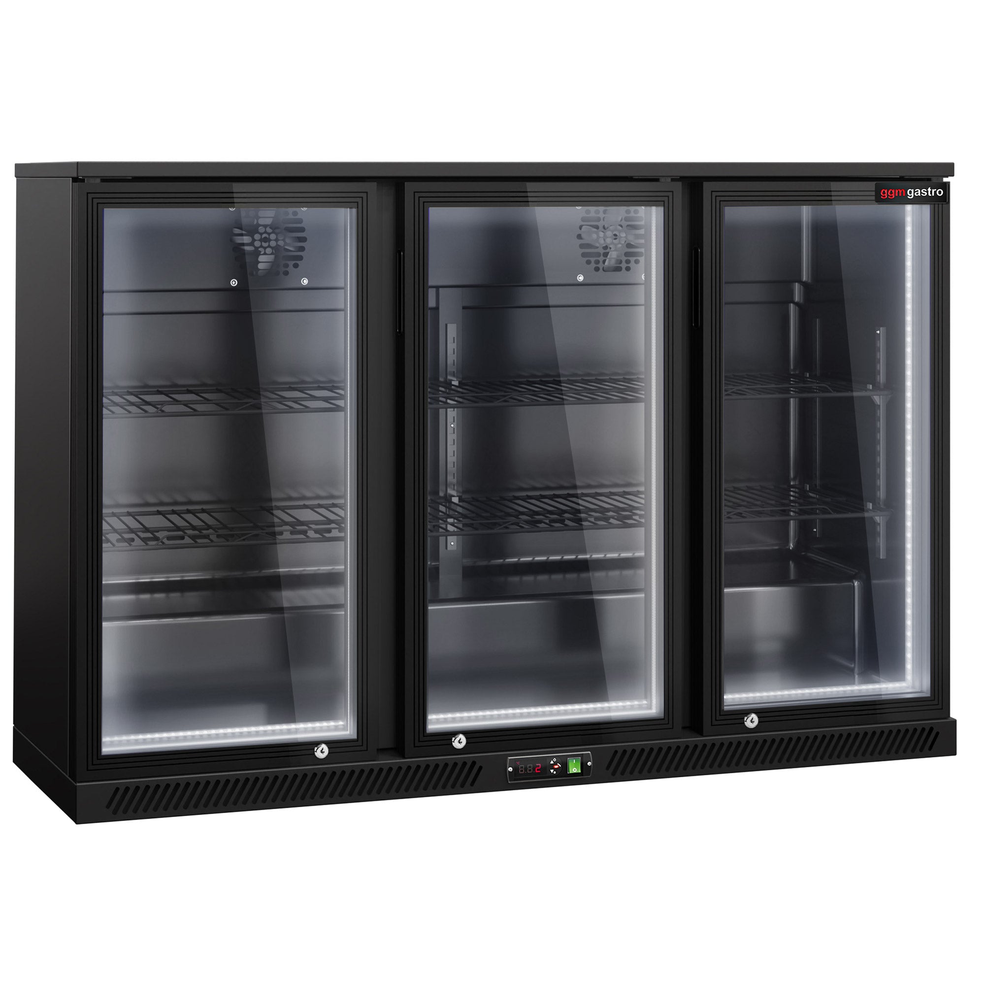 Barkøleskab - 1330 mm - 320 liter - LED-belysning og 3 hængslede døre - udvendigt og indvendigt sort