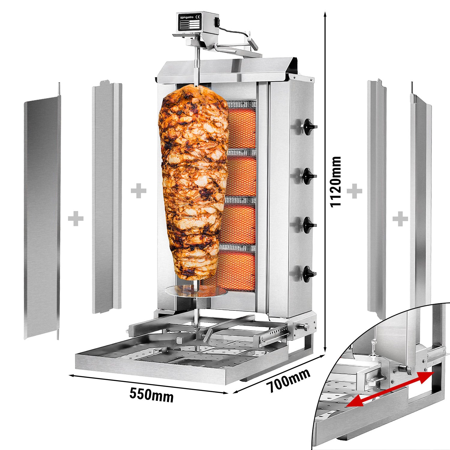 Kebabsteger - 4 brændere (mobil) / max. 60 kg - inkl. Beskyttelsesplade