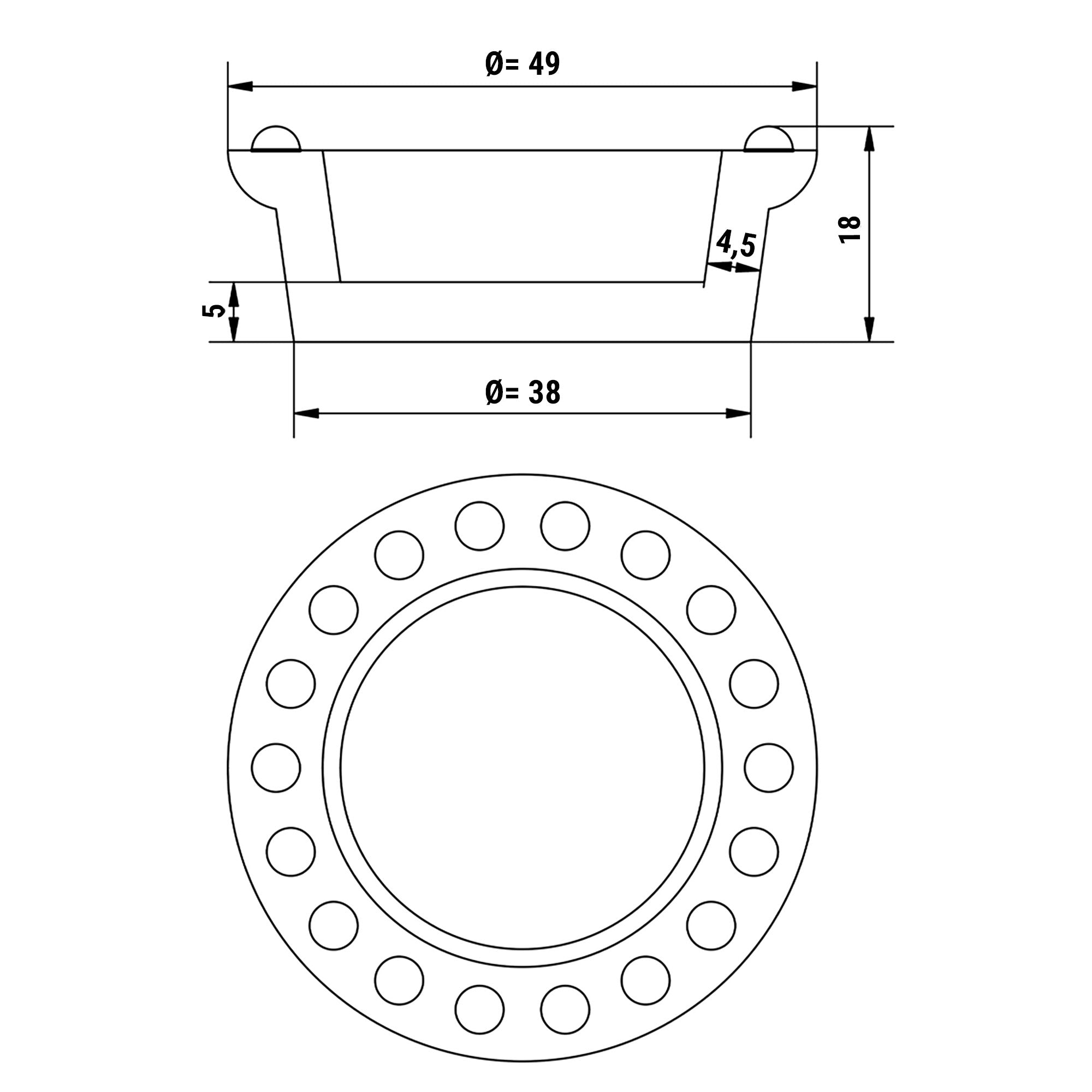 Plade til Tarteletmaskine - Form: Rund - Top Ø: 49 mm, Bund Ø: 38 mm / Højde: 18 mm