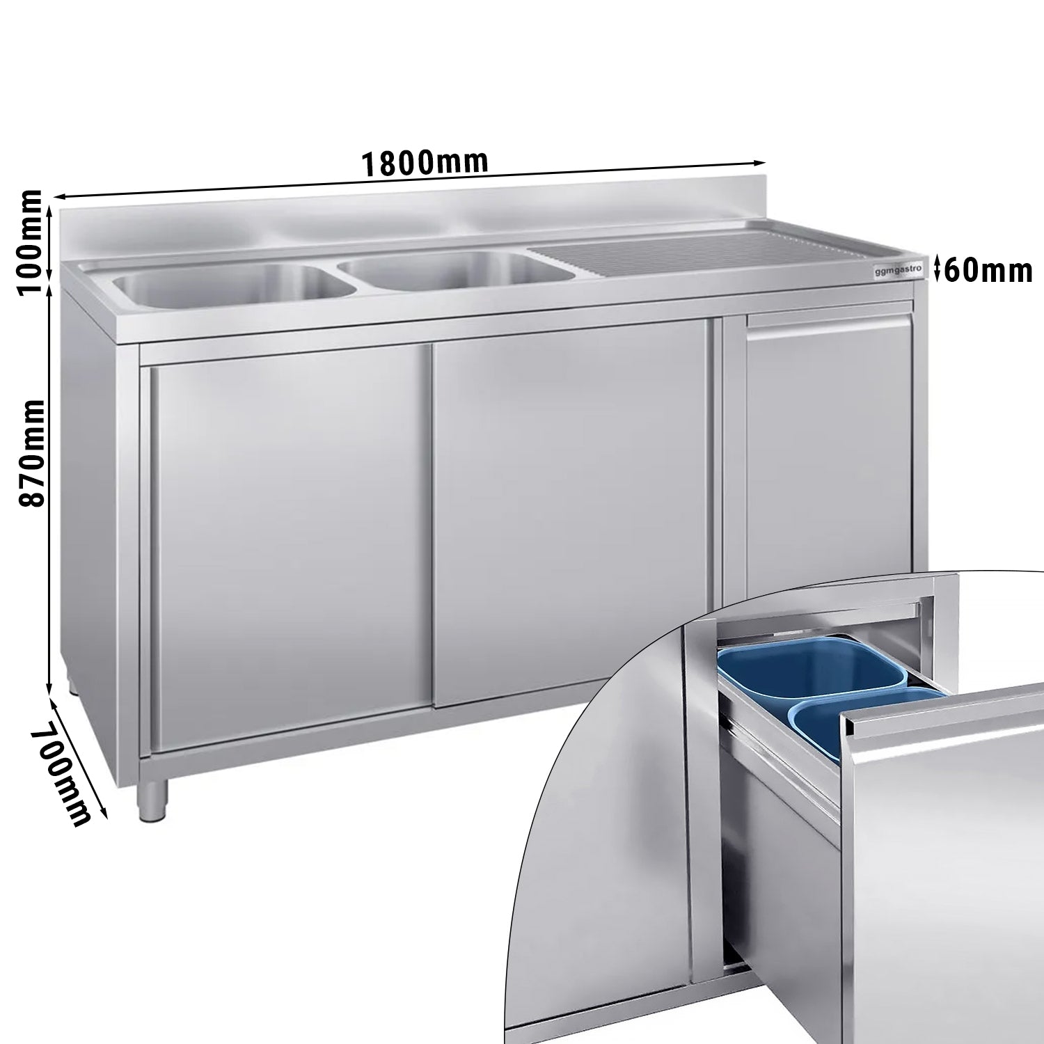 Vaskeskab med skraldespand - 1.8m - 2 vaske til venstre - med bagkant og dobbelte døre
