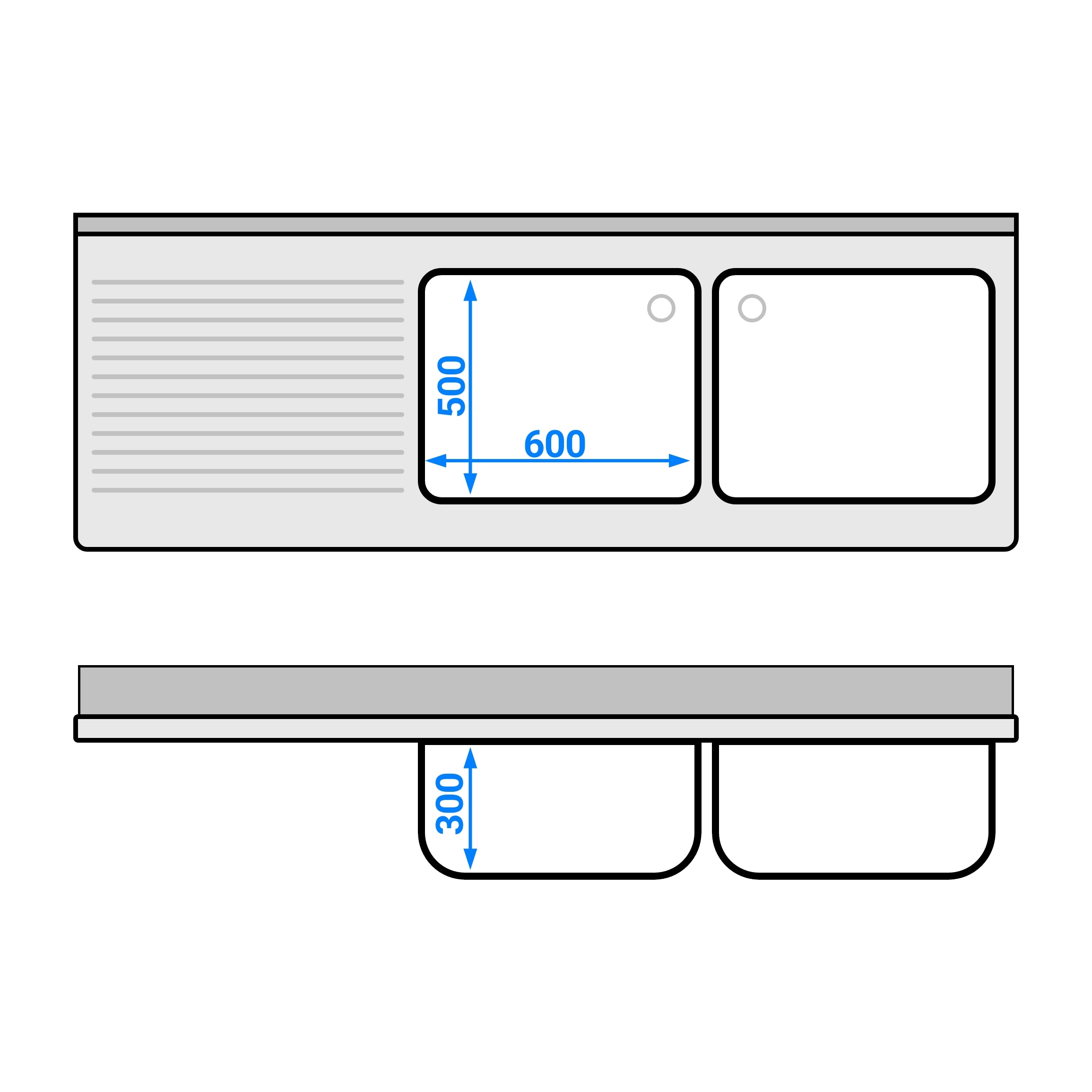 Vaskeskab med skraldespand - 2,0m - 2 vaske til højre - med bagkant og dobbelte døre
