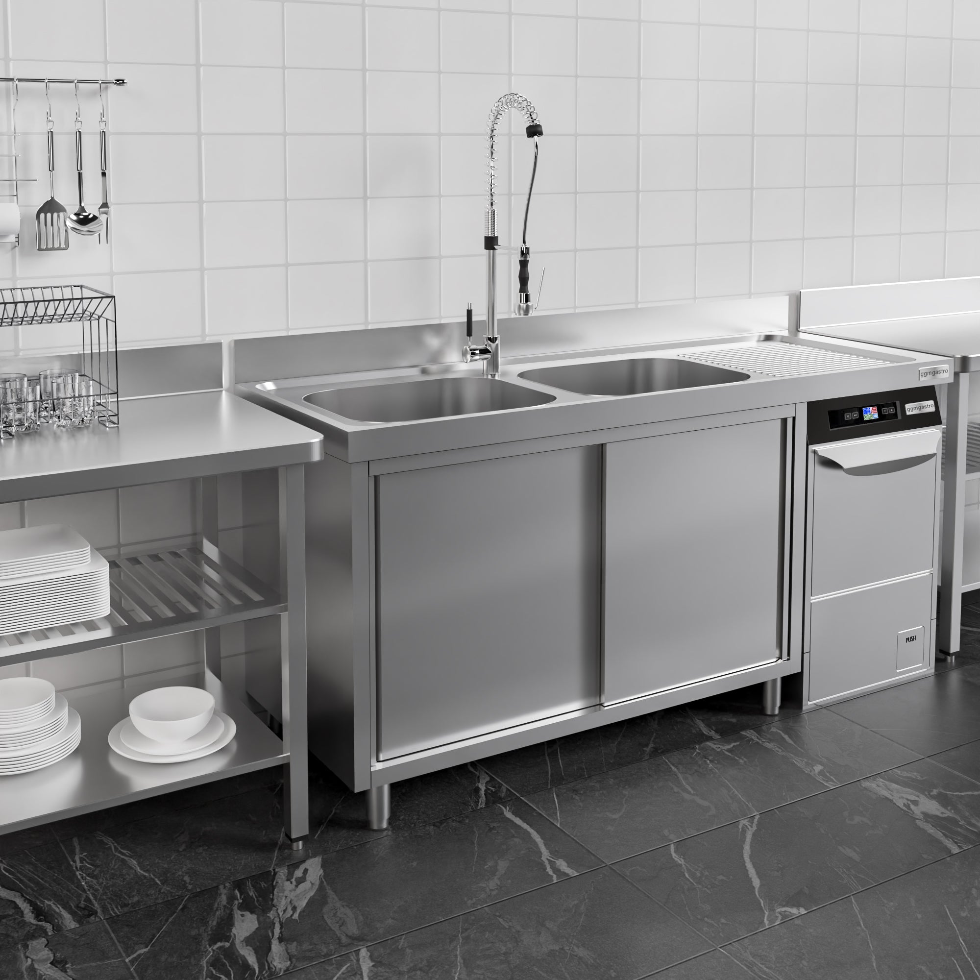 Vaskeskab med plads til opvaskemaskine 2,0m - 2 Vaske til Venstre L 50 x B 50 x D 25 cm