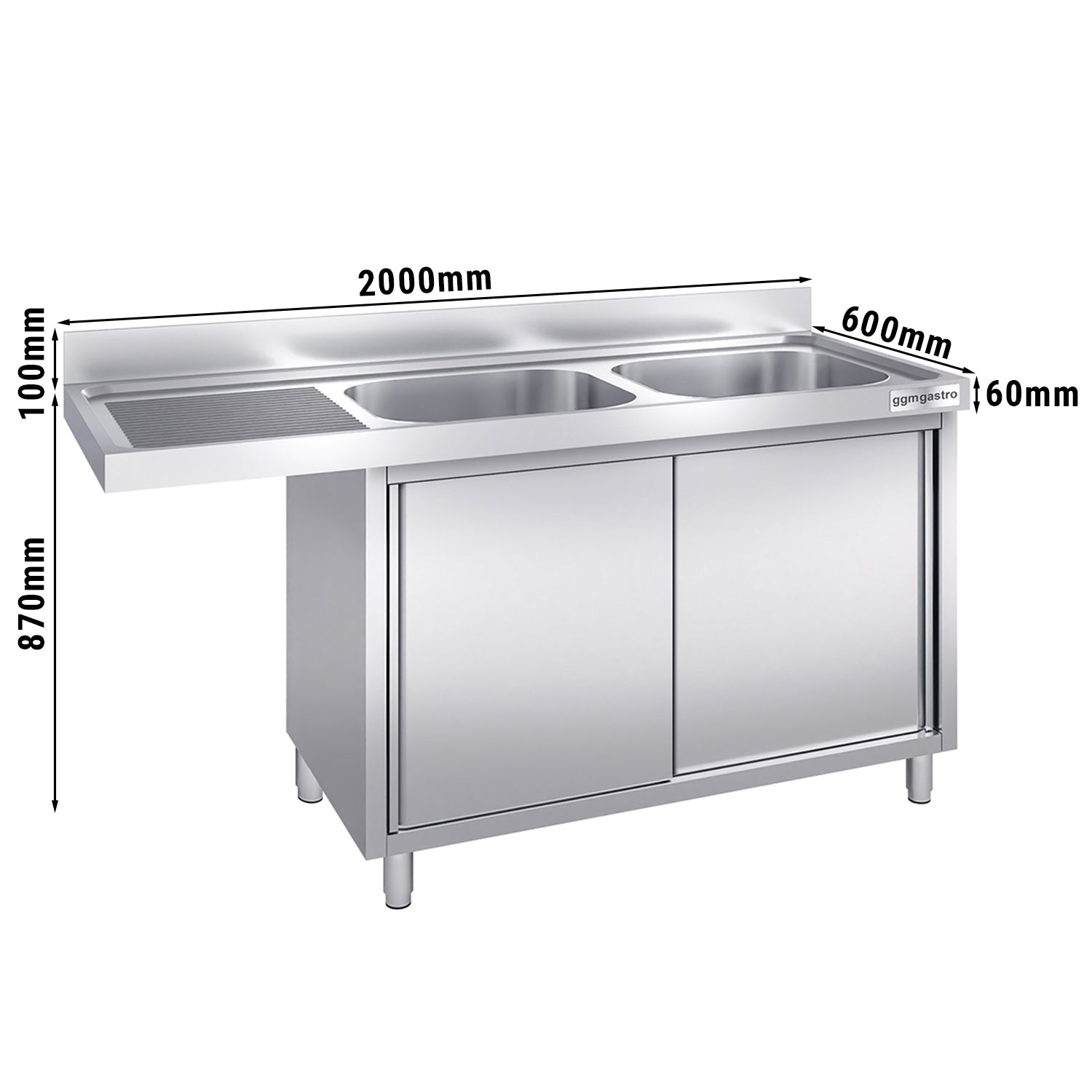 Vaskeskab med plads til opvaskemaskine 2,0m - 2 Vaske til Højre L 50 x B 50 x D 25 cm