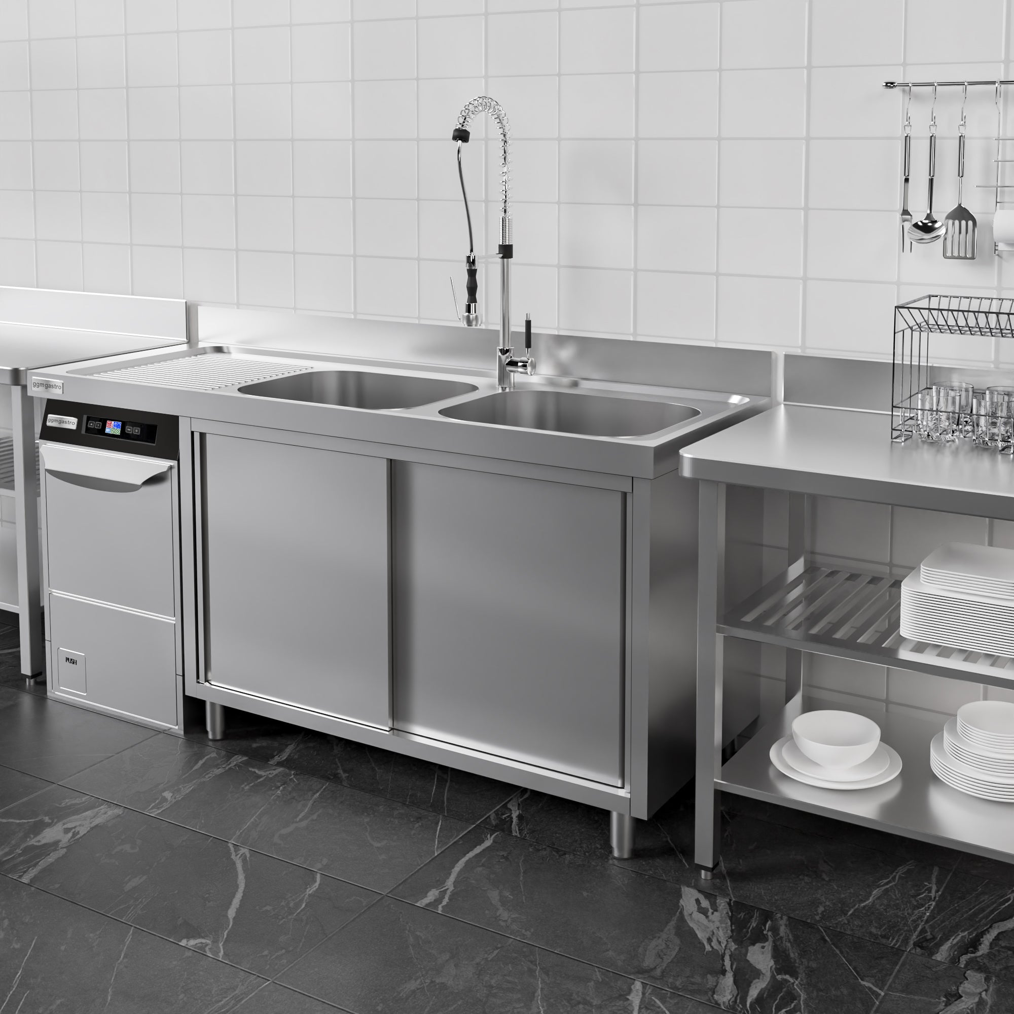 Vaskeskab med plads til opvaskemaskine 2,0m - 2 Vaske til Højre L 60 x B 50 x D 30 cm