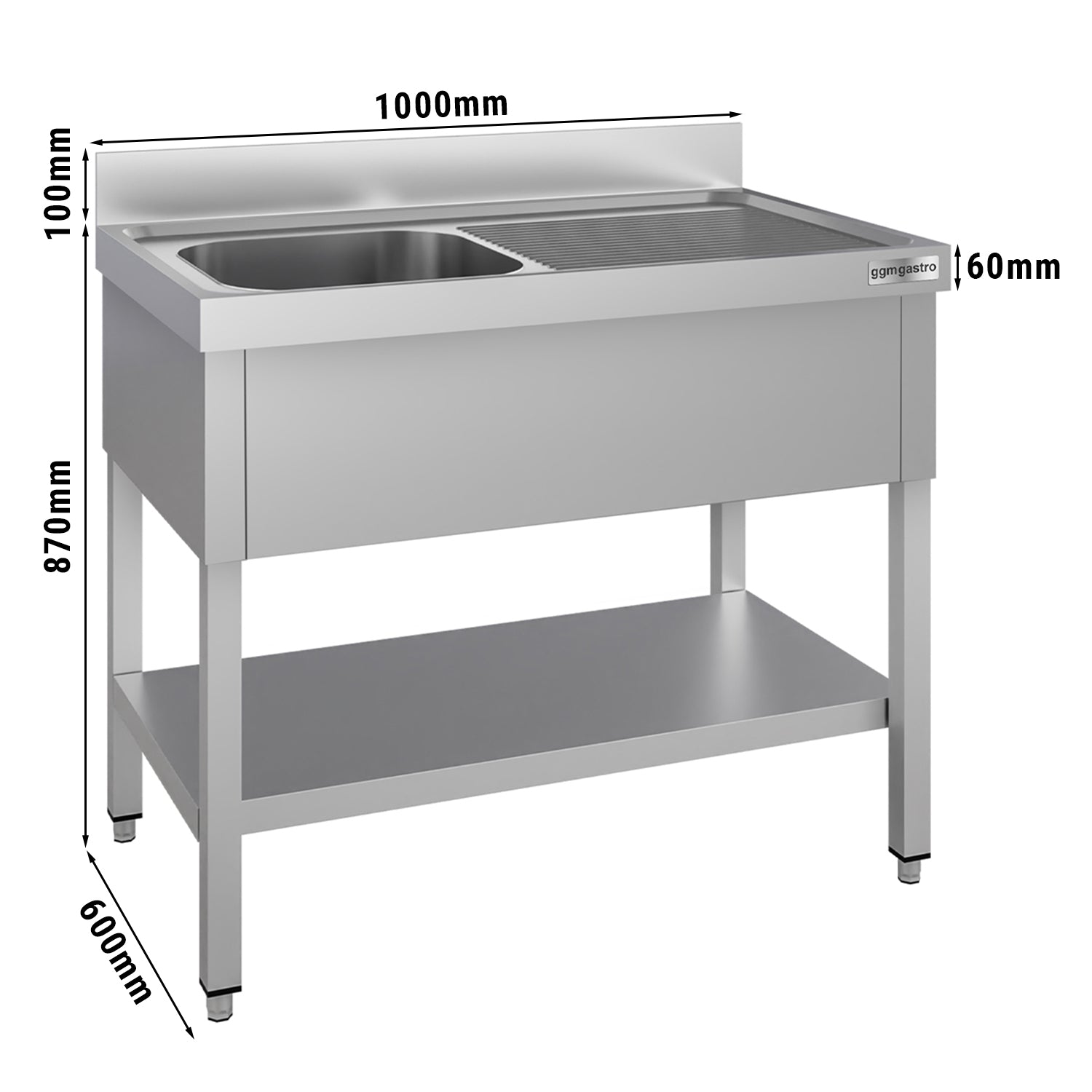 Vaskeborde med underhylde 1,0m - 1 vask til venstre L 40 x B 40 x D 25 cm