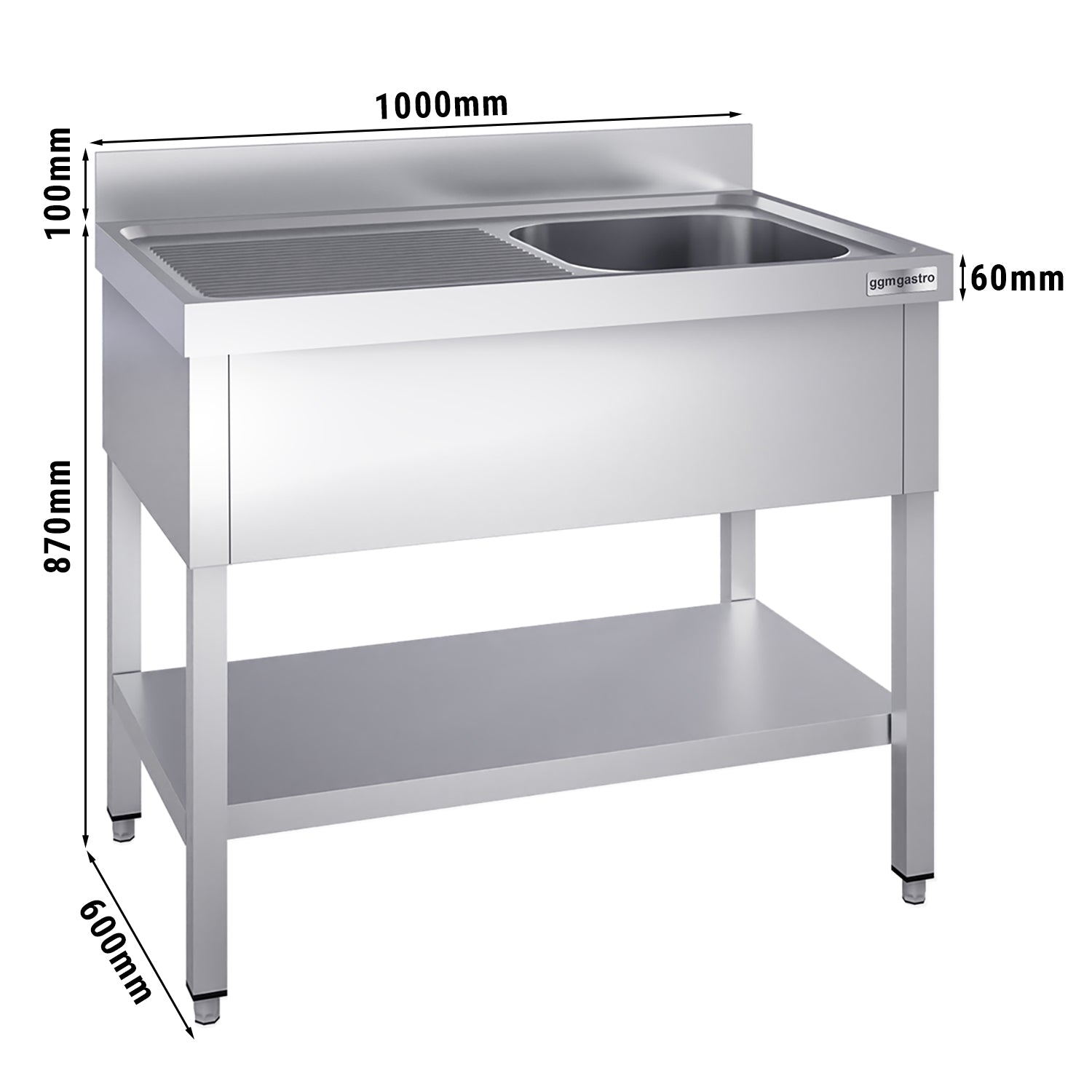 Vaskeborde med underhylde 1,0m - 1 vask til højre L 40 x B 40 x D 25 cm