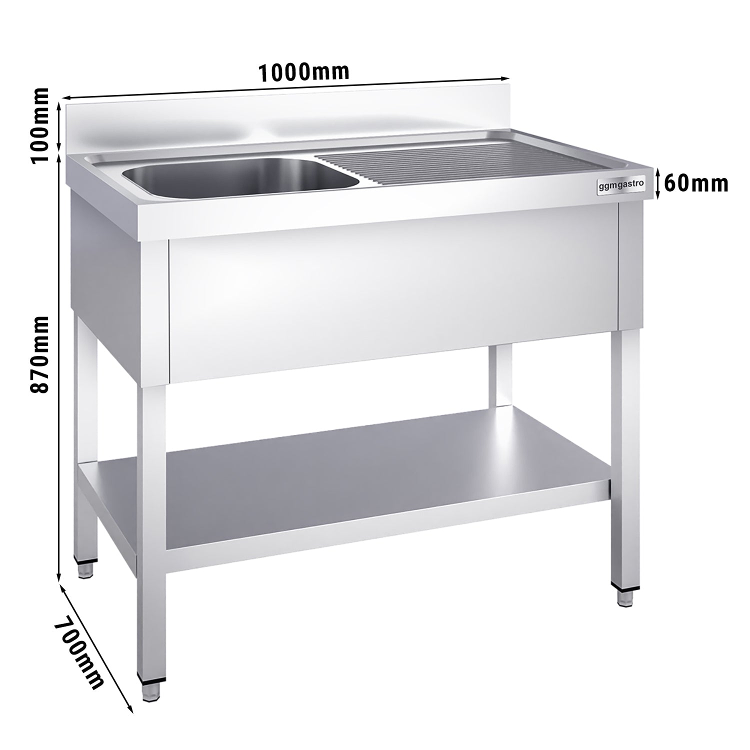 Vaskeborde med underhylde 1,0m - 1 vask til venstre L 50 x B 50 x D 30 cm