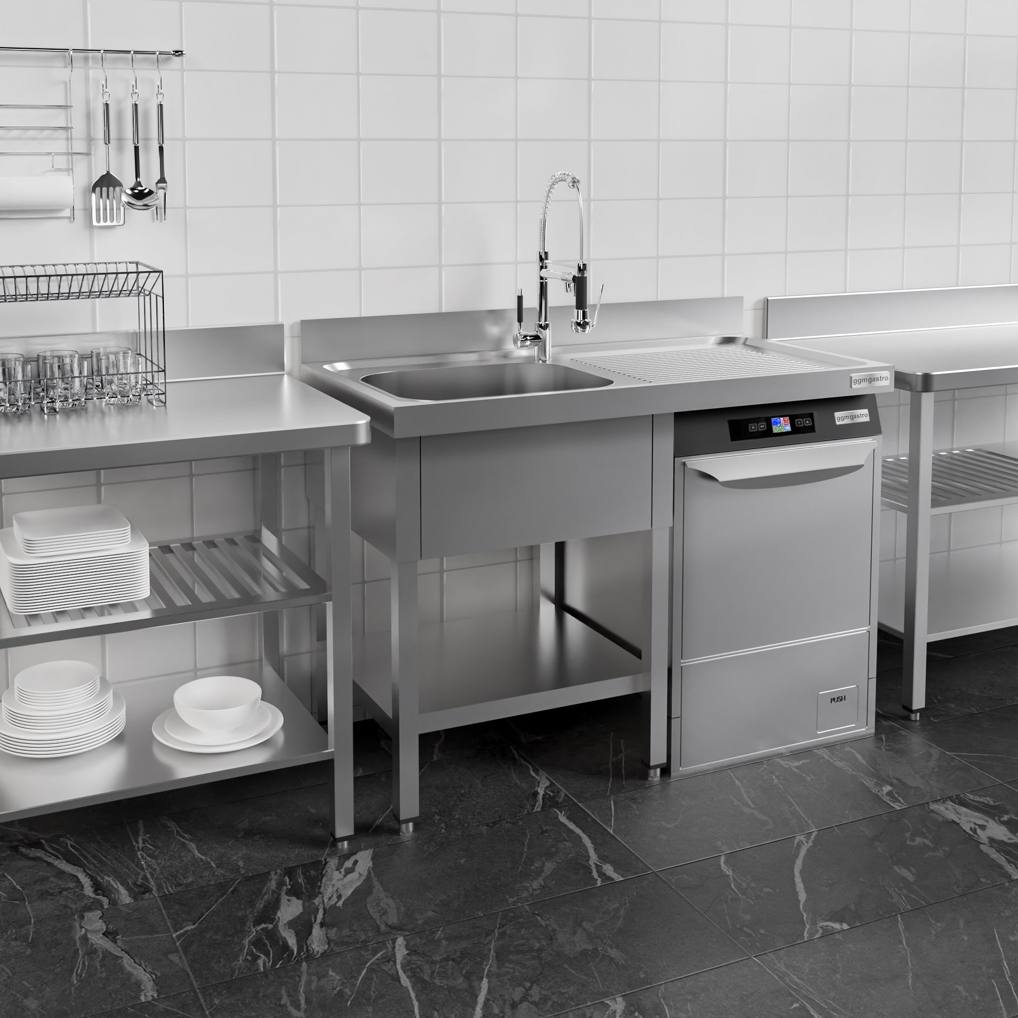 Vaskeborde med plads til opvaskemaskine 1,2m - 1 Vask til Venstre L 40 x B 40 x D 25 cm