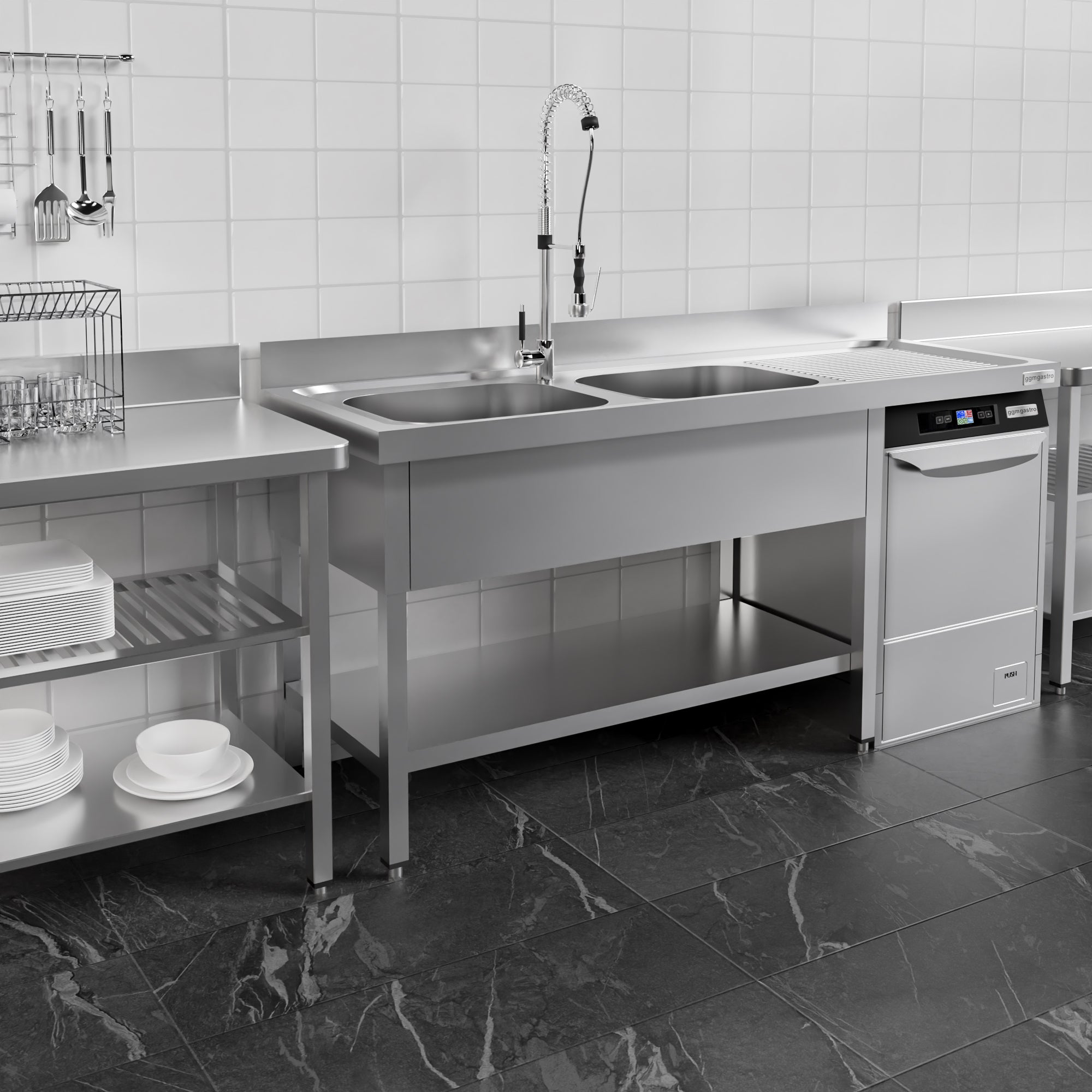 Vaskeborde med plads til opvaskemaskine 1,6m - 2 Vaske til Venstre L 40 x B 50 x D 25 cm