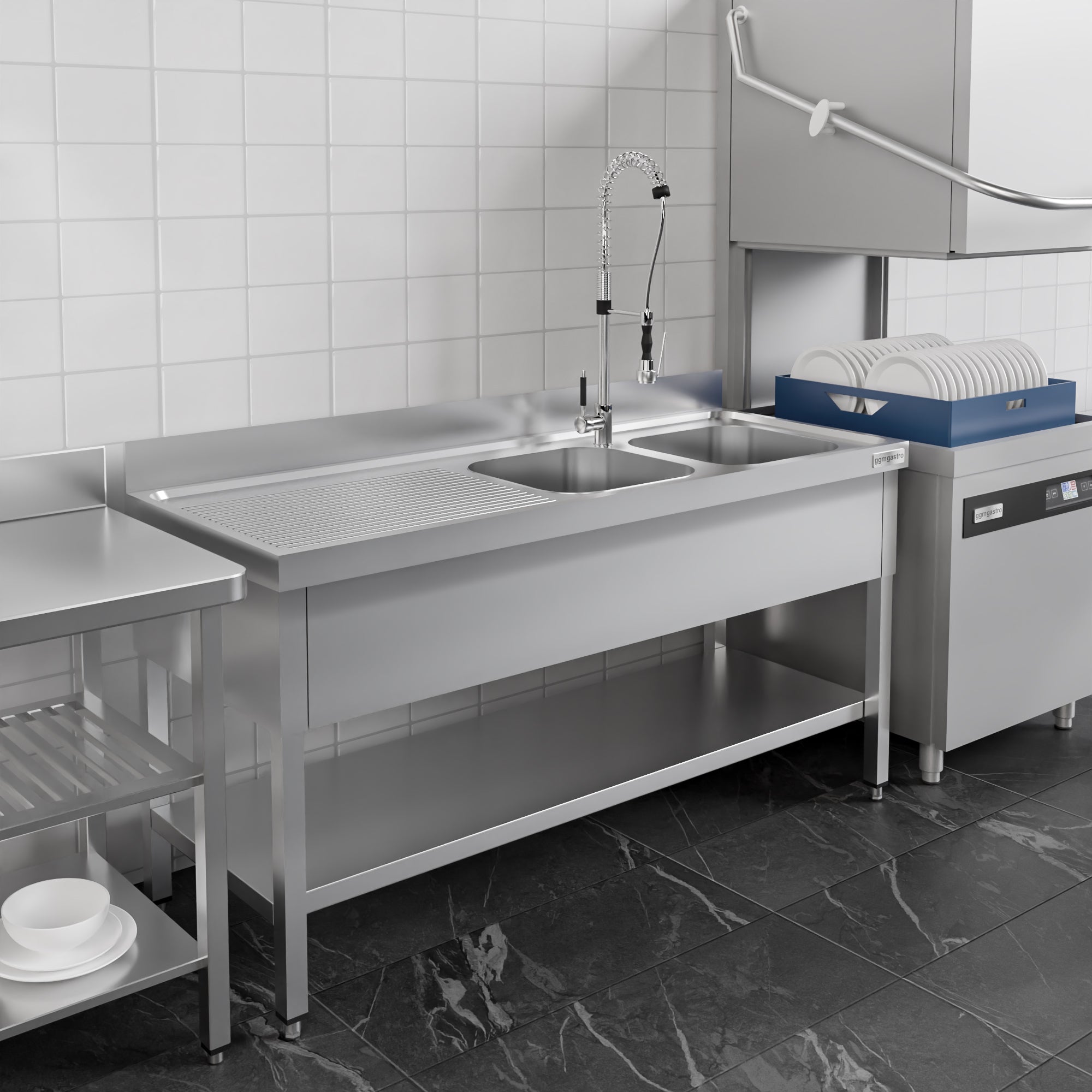 Vaskeborde med underhylde 1,8m - 2 vaske til højre L 50 x B 40 x D 25 cm