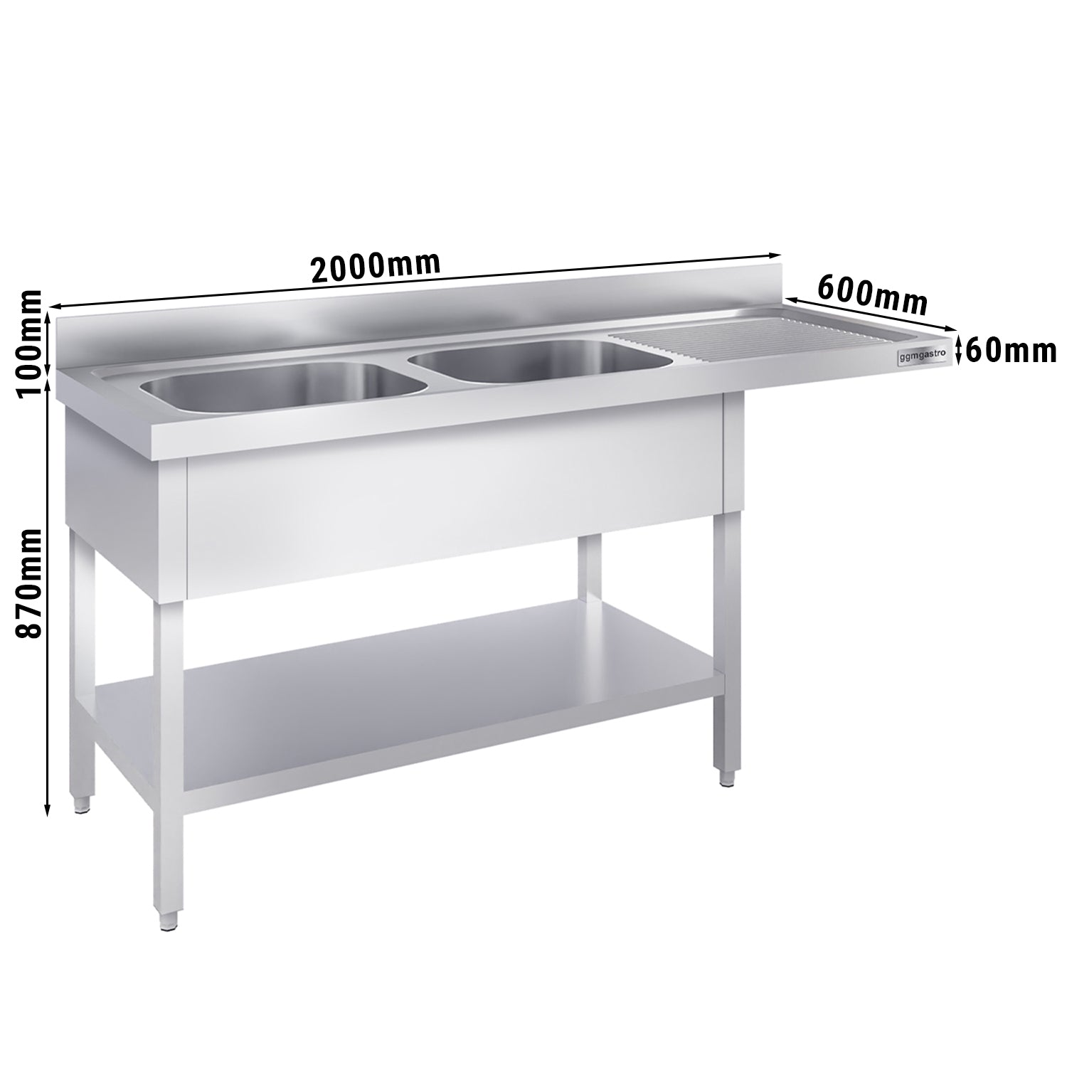Vaskeborde med plads til opvaskemaskine 2,0m - 2 Vaske til Venstre L 50 x B 40 x D 25 cm