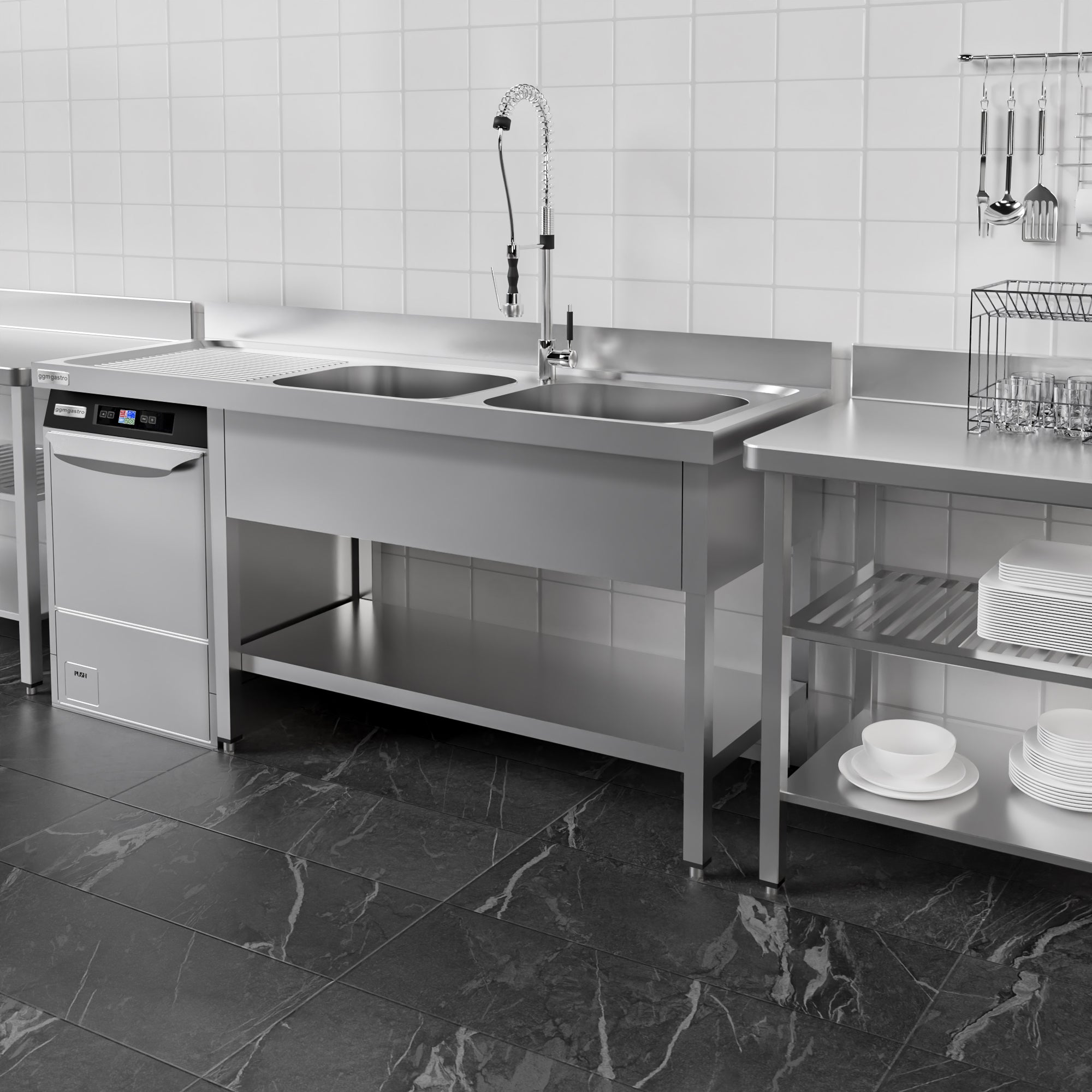 Vaskeborde med plads til opvaskemaskine 2,0m - 2 Vaske til Højre L 50 x B 40 x D 25 cm