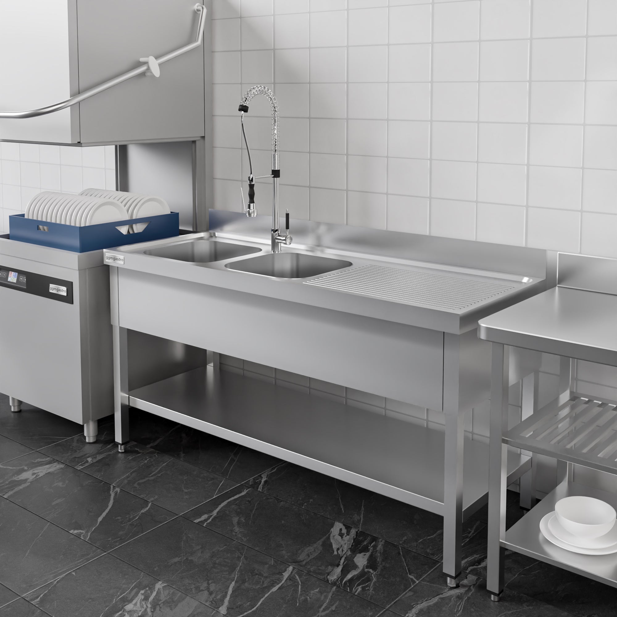 Vaskeborde med underhylde 2,0m - 2 vaske til venstre L 60 x B 50 x D 30 cm