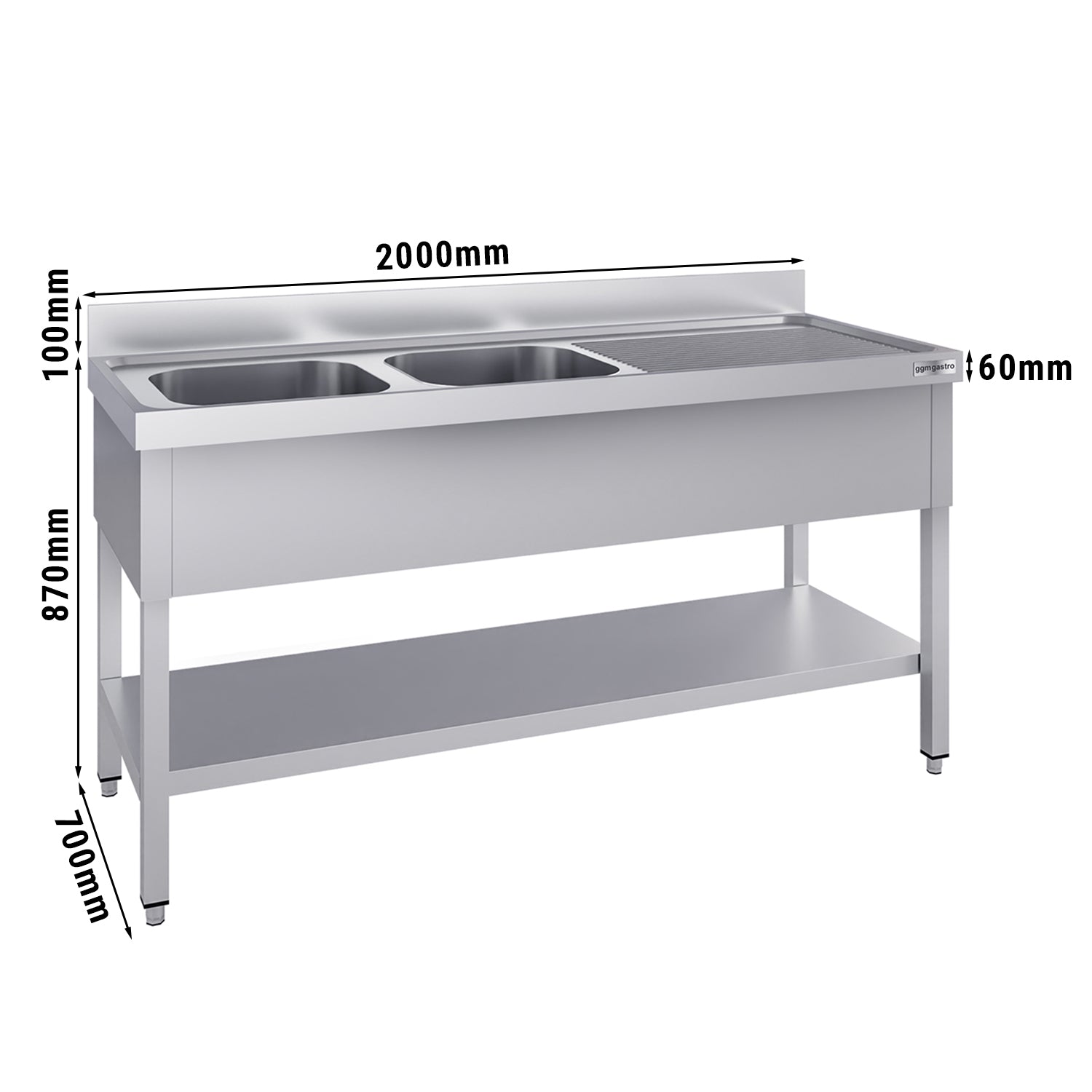 Vaskeborde med underhylde 2,0m - 2 vaske til venstre L 60 x B 50 x D 30 cm