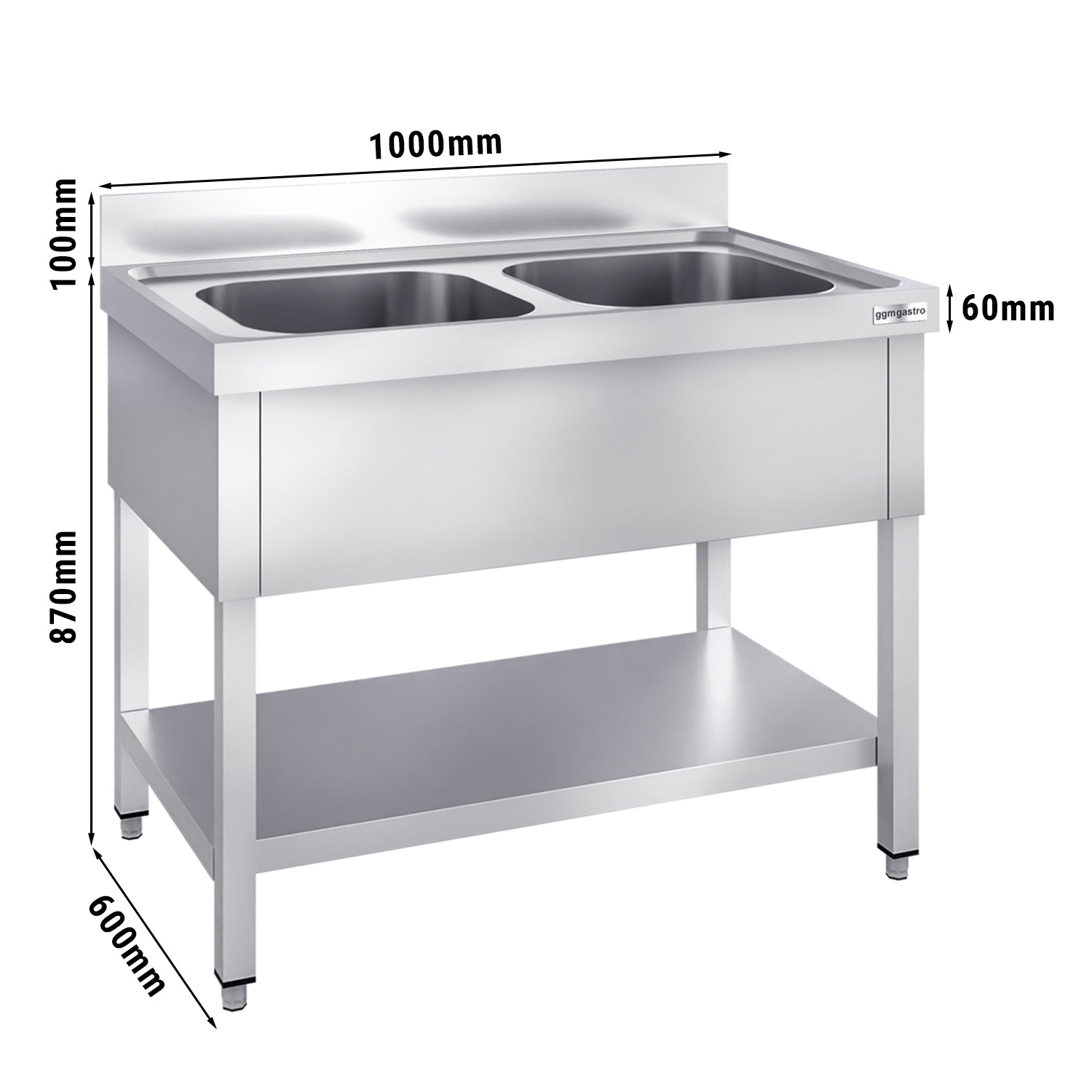Vaskeborde med underhylde 1,0 m - 2 vaske i midten L 40 x W 40 x D 25 cm