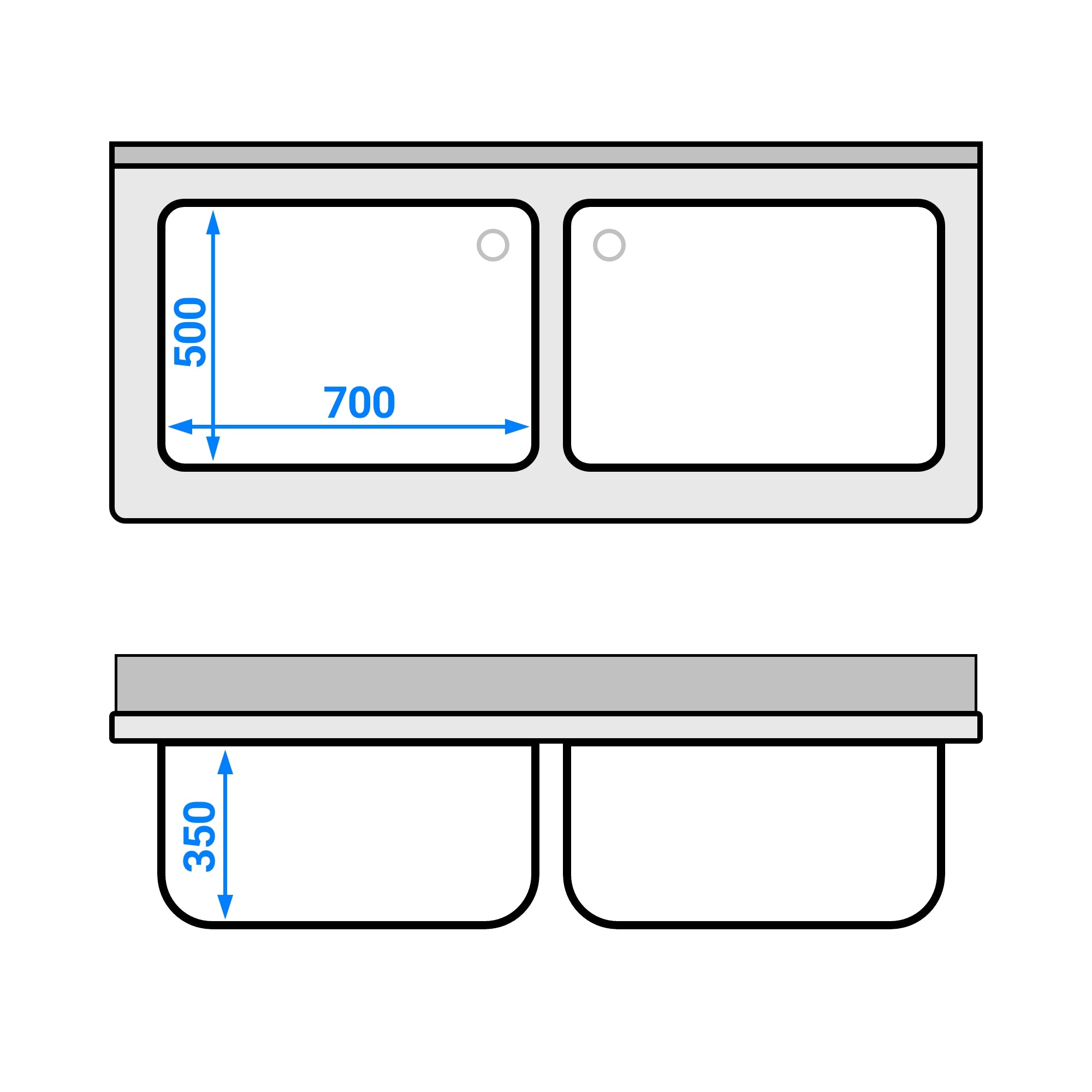 Vaskeborde til gryder med underhylde 1,6 m - 2 vaske L 70 x B 50 x D 35 cm