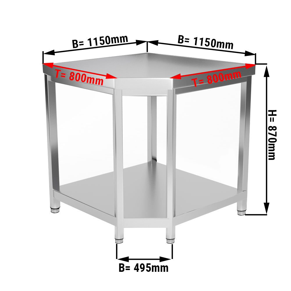 Hjørnebord i rustfrit stål - 1,15 x 0,8 m - med underhylde