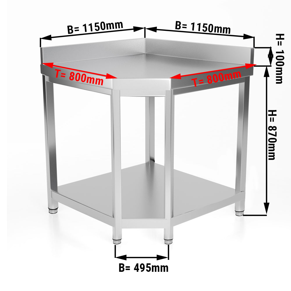 Hjørnebord i rustfrit stål - 1,15 x 0,8 m - med underhylde & bagkant
