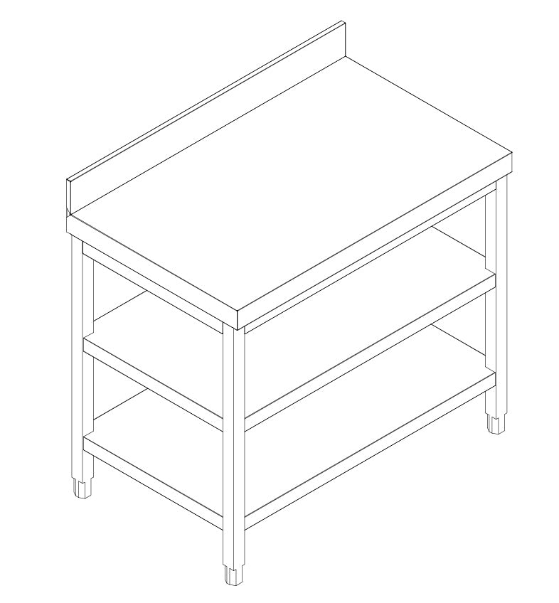 Rustfrit stål arbejdsbord PREMIUM - 1,2 m - med underhylde, mellemhylde & bagkant