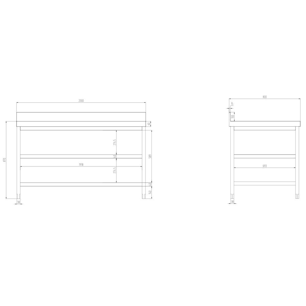 Rustfrit stål arbejdsbord PREMIUM - 2,0 m - med underhylde, mellemhylde & bagkant