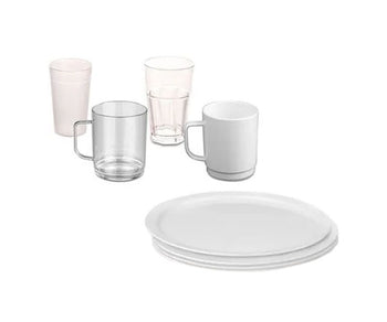 Glas, kopper og tallerkener af polykarbonat