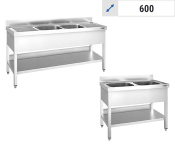 Stålbord med 2 Vaske i midten - 600 mm Dybde