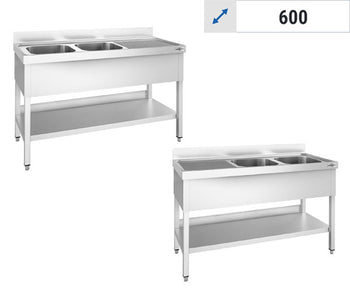 Stålbord med 2 Vaske - 600 Dybde