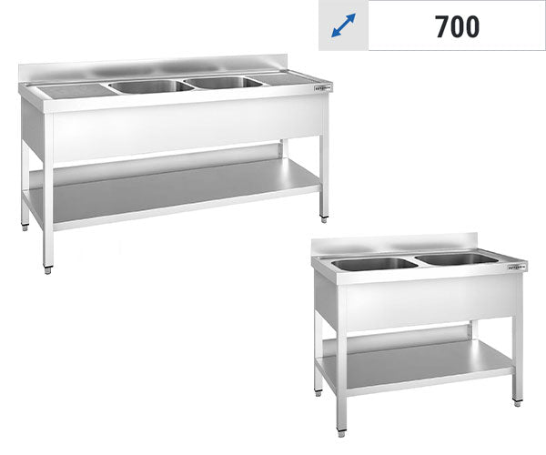 Stålbord med 2 Vaske i midten - 700 mm Dybde