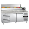Pizzabord PREMIUM - 2000x800 mm - granitbordplade - med 3 døre og 7 skuffer - inkl. køleopsats - 10x GN 1/4 - til 60x40 cm plader