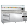 Pizzabord ECO - 2025x800 mm - granitbordplade - med 2 døre og 7 skuffer - inkl. køleopsats - 9x GN 1/3 - til 60x40 cm plader