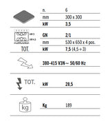 Elektrisk komfur 6 firkantede plader (21 kW) + statisk elektrisk ovn (7,5 kW)