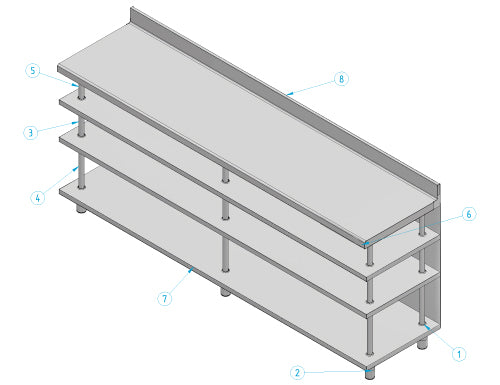 Bar arbejdsbord 2,5m x 0,6m, med 4 hylder