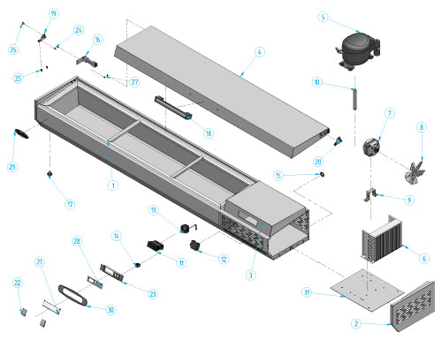 Kølevitrine - Køleopsats 2,0 x 0,35 m - for 9 x GN 1/4 Beholdere