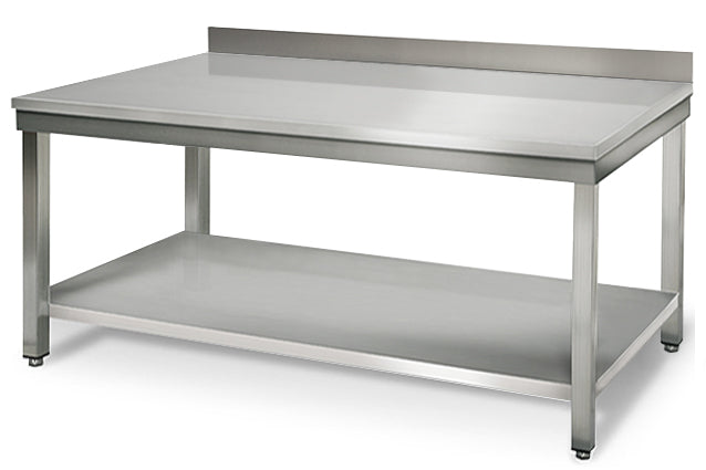 Rustfrit stål arbejdsbord ECO - 2,0 m - med underhylde og bagkant