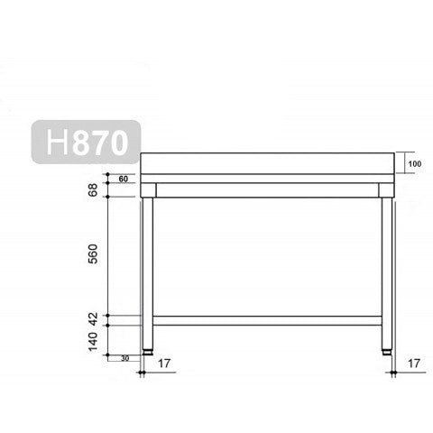 Rustfrit stål arbejdsbord PREMIUM - 2,0 m - med underhylde, afstivning & bagkant