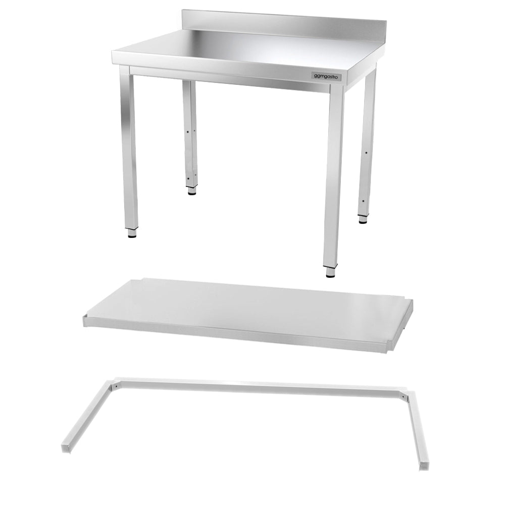 Rustfrit stål arbejdsbord PREMIUM - 1,0 m - med underhylde, mellemhylde & bagkant